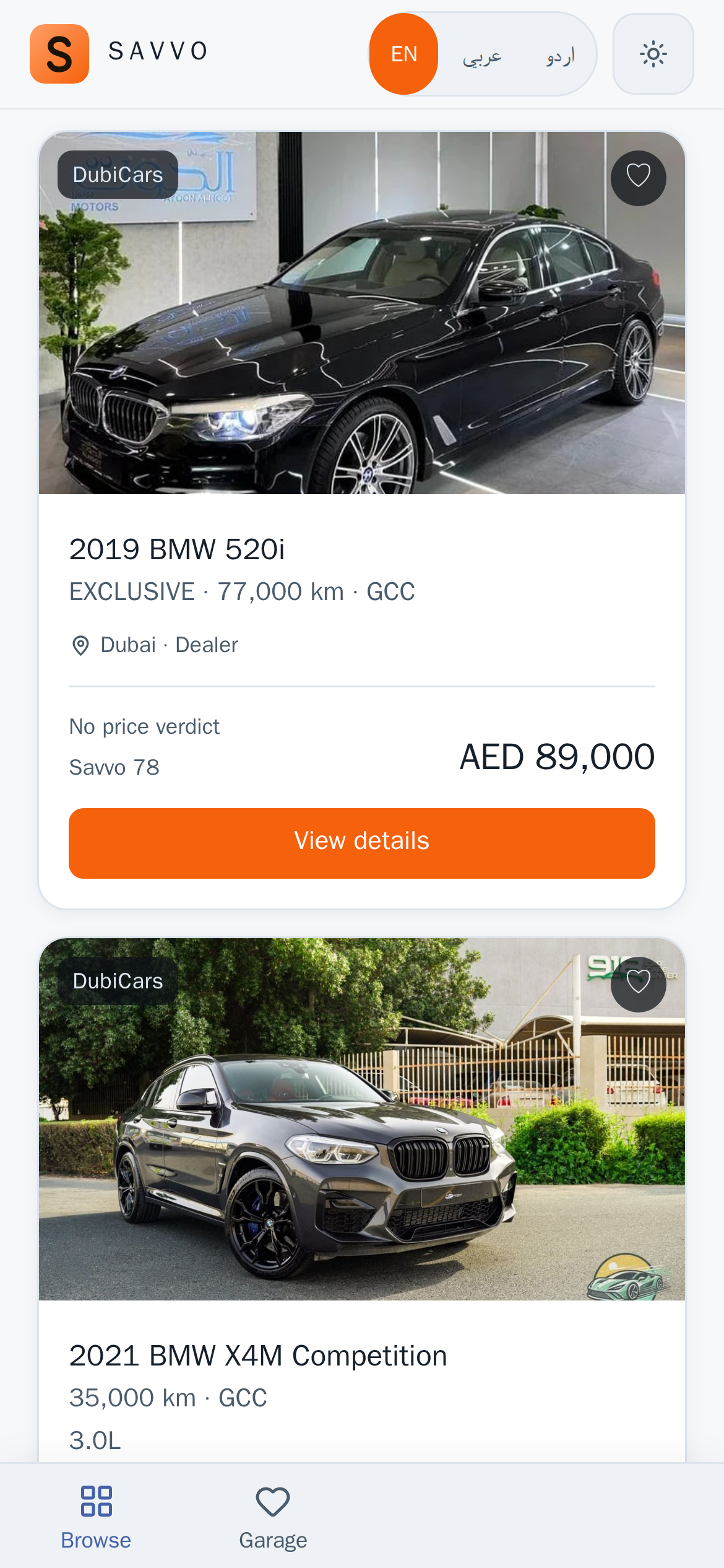 savvo-ai search results with car photos, grades and prices on a phone